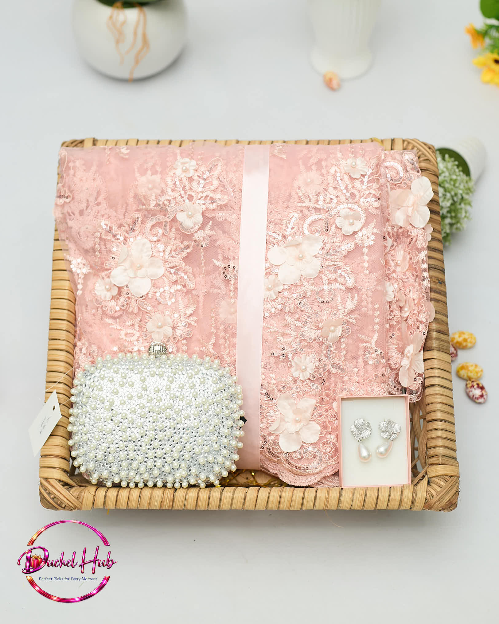 Elegant Blush Pink Lace Saree Gift Set with Pearl Clutch