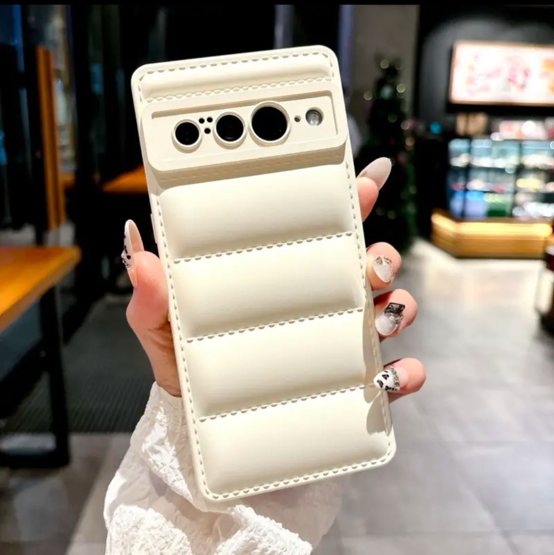 Stylish Minimalist Down Jacket Phone Case Designed for Stress And Shock Protection, Compatible With Google Pixel 8 Pro, Ivory White, Orange.