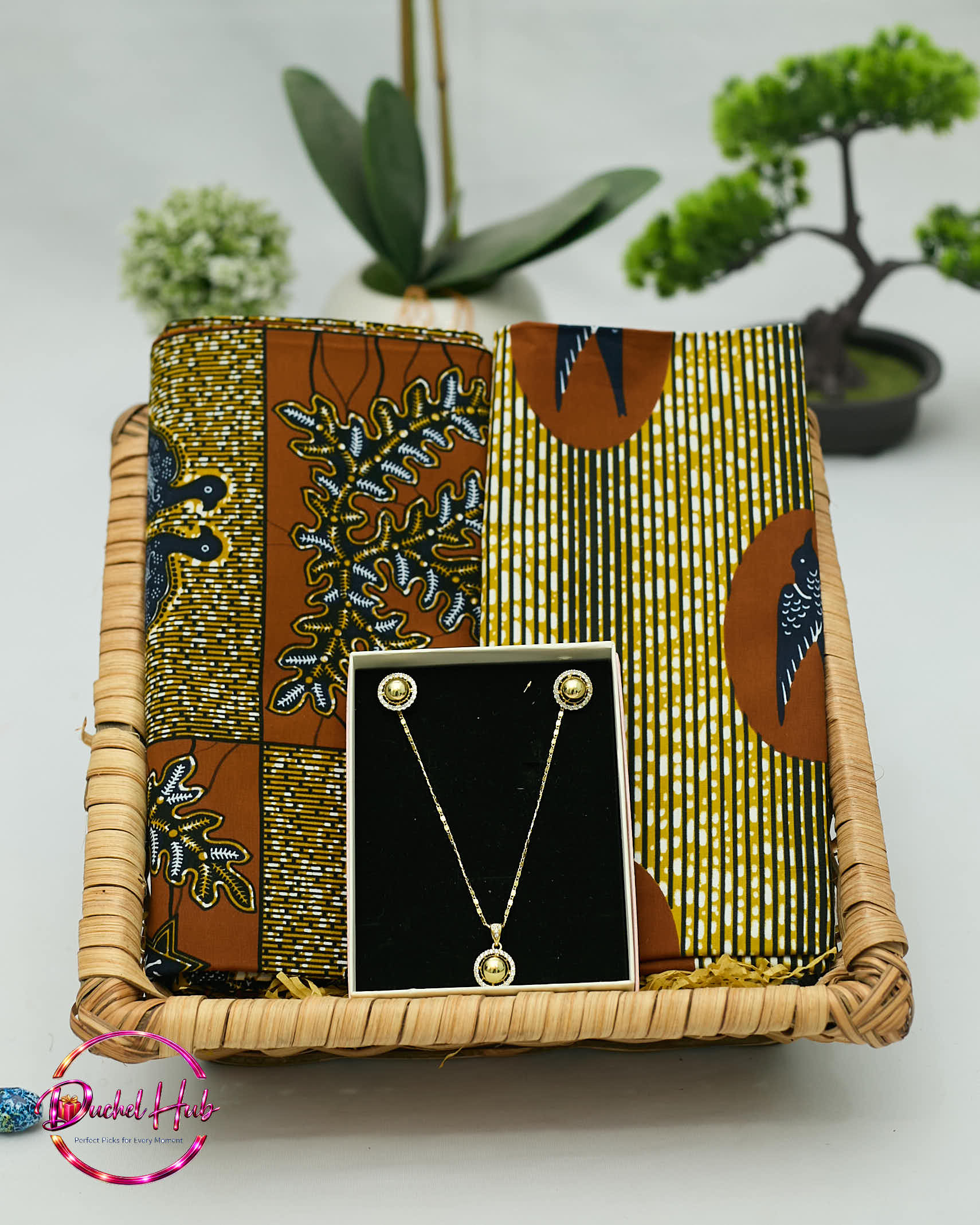 Elegant African Print Fabric &amp; Gold Jewelry Gift Set