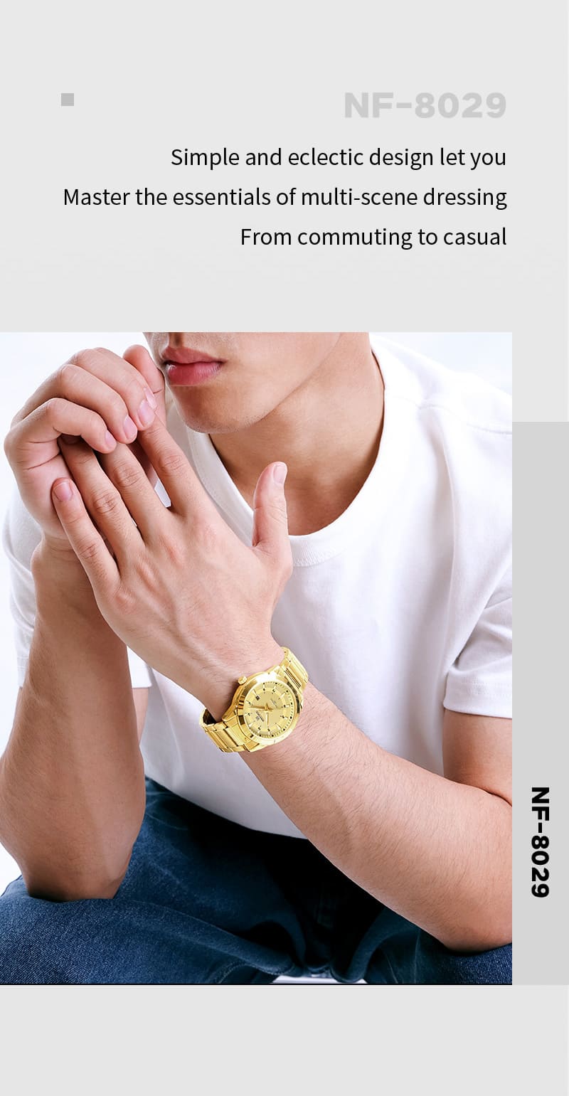 Naviforce 2024 Top Brand Mens Watch Stainless Steel Strap Casual Male Quartz Sports Wrist Watch Luxury Waterproof Date Clock, NF8020. Gold.