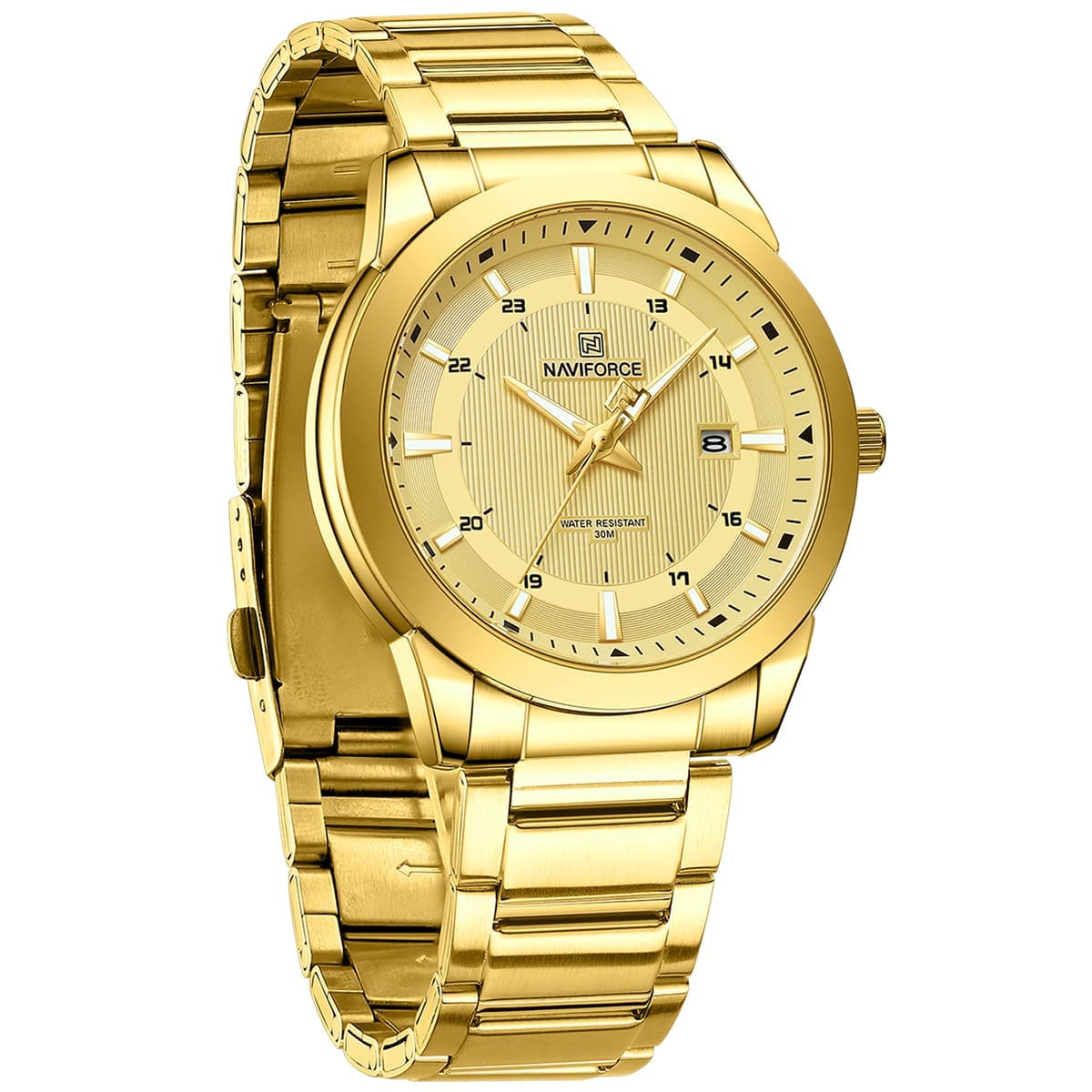 Naviforce 2024 Top Brand Mens Watch Stainless Steel Strap Casual Male Quartz Sports Wrist Watch Luxury Waterproof Date Clock, NF8020. Gold.