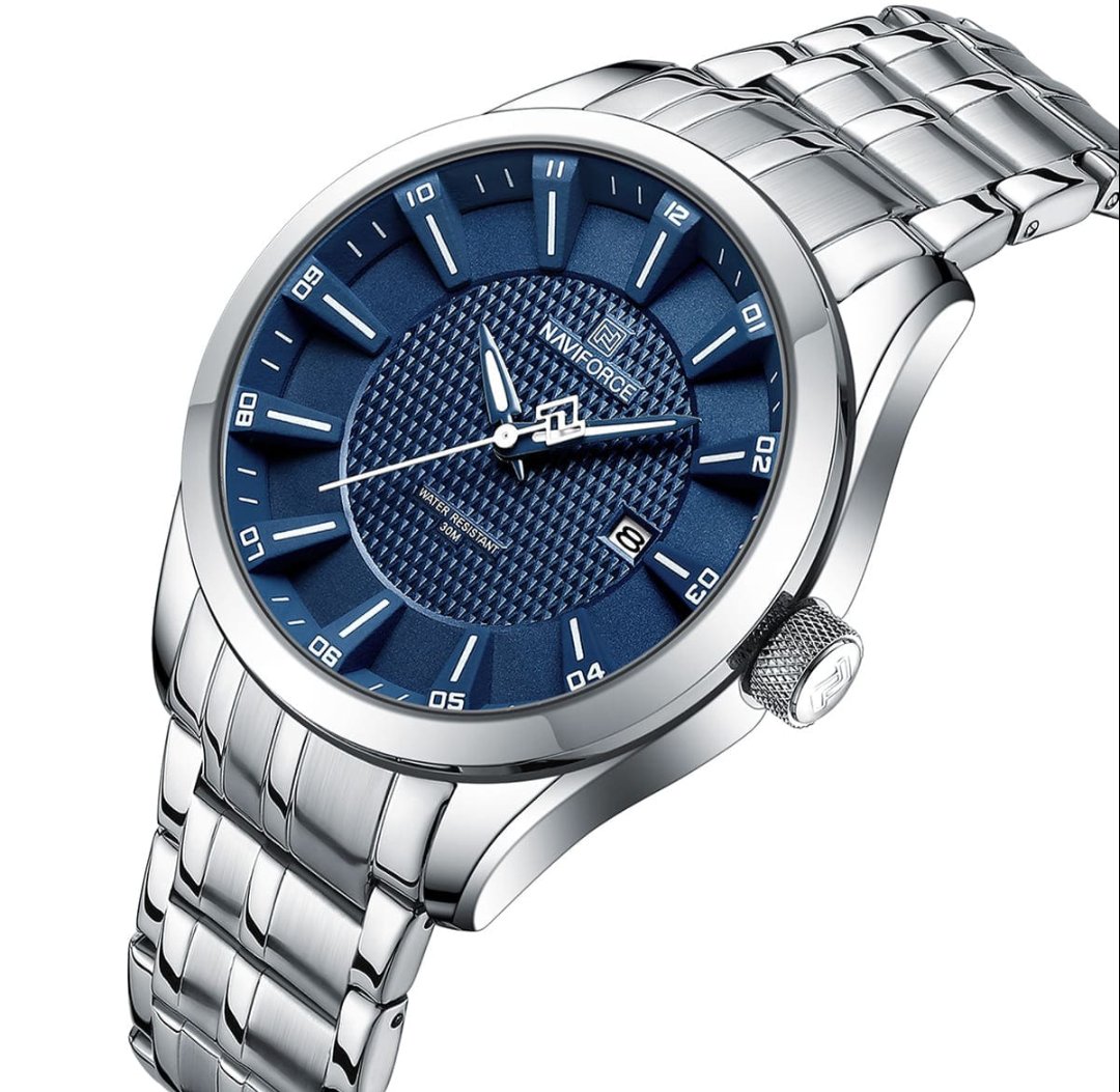 Naviforce Luxurious Men's Watch Waterproof Quartz Business Casual Wrist watch Stainless Steel Strap Date Clock Relogio Masculino, Silver and Blue