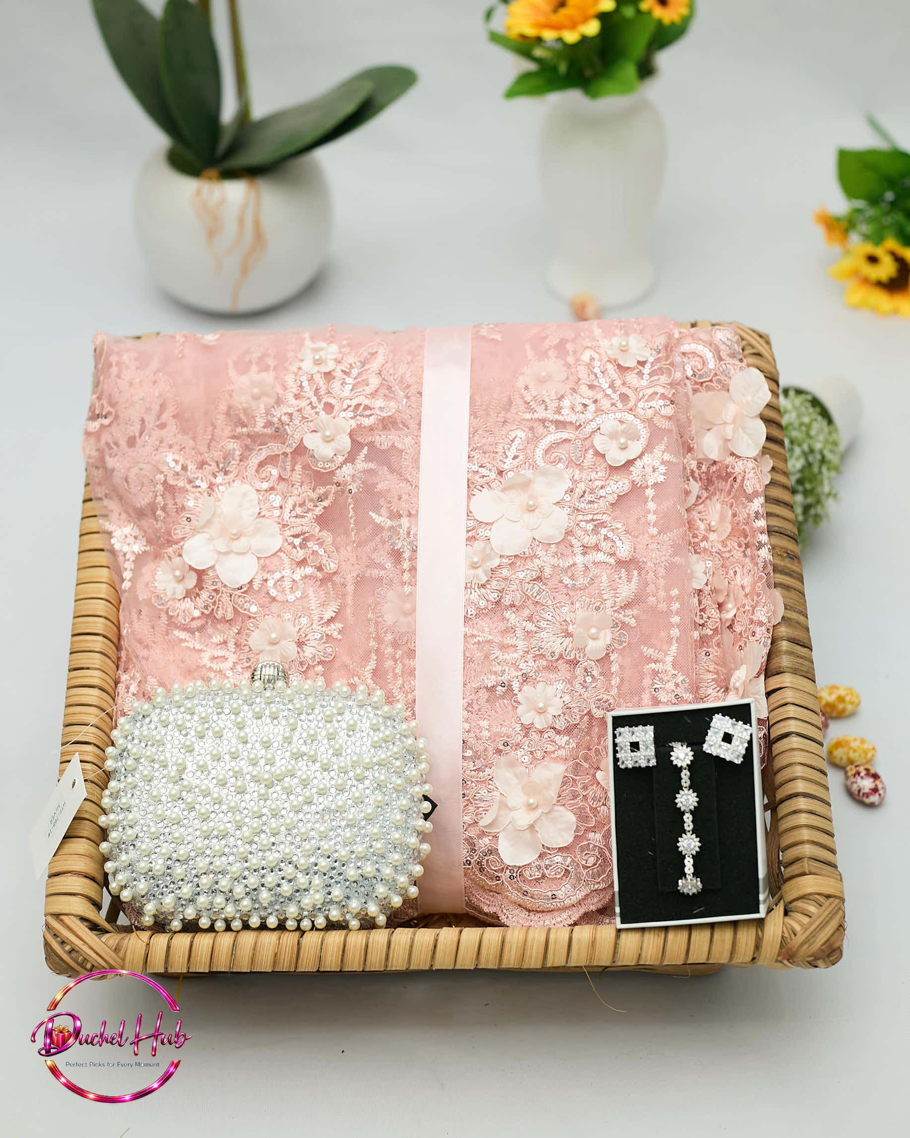 Elegant 3D Pink Lace Fabric, Pearl Clutch &amp; Jewelry Gift Set