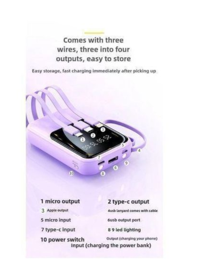 portable 20000 mah mini power bank with four wired cables and supports fast charging