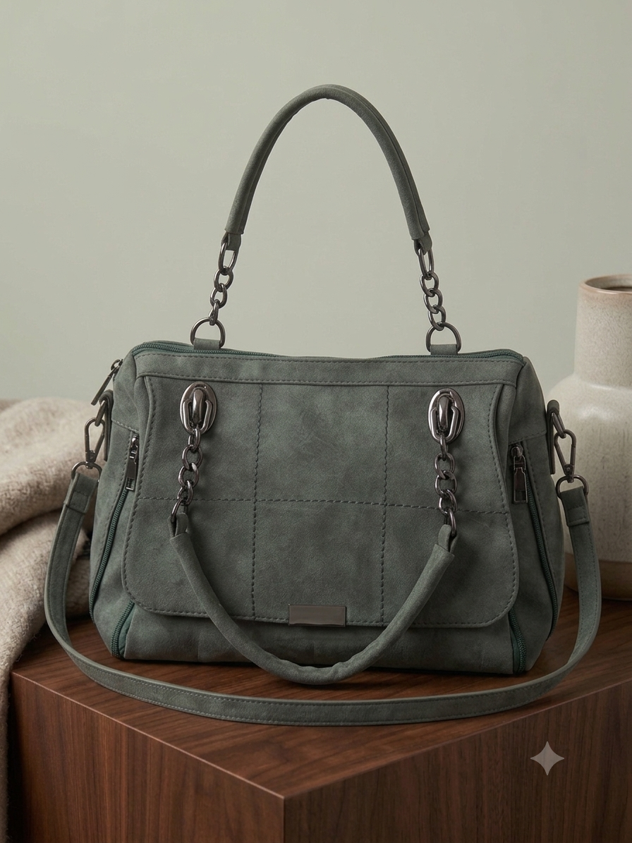 Women's Green Suede Tote Bag with Chain Detail
