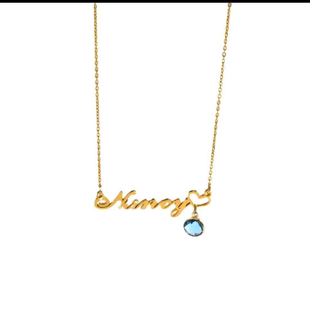 Custom "Nancy" Name Necklace w/ Heart &amp; Blue Gem