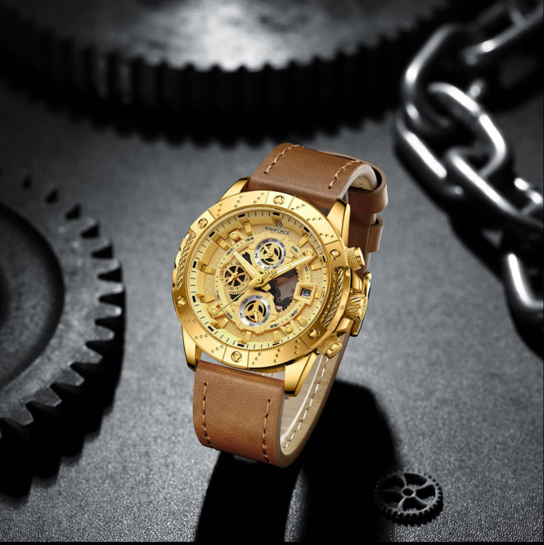 Naviforce Luxurious Wrist Watch For Men High Quality Multifunction Chronograph Leather Business Sports Wrist watch, NF8055. Gold and Brown.