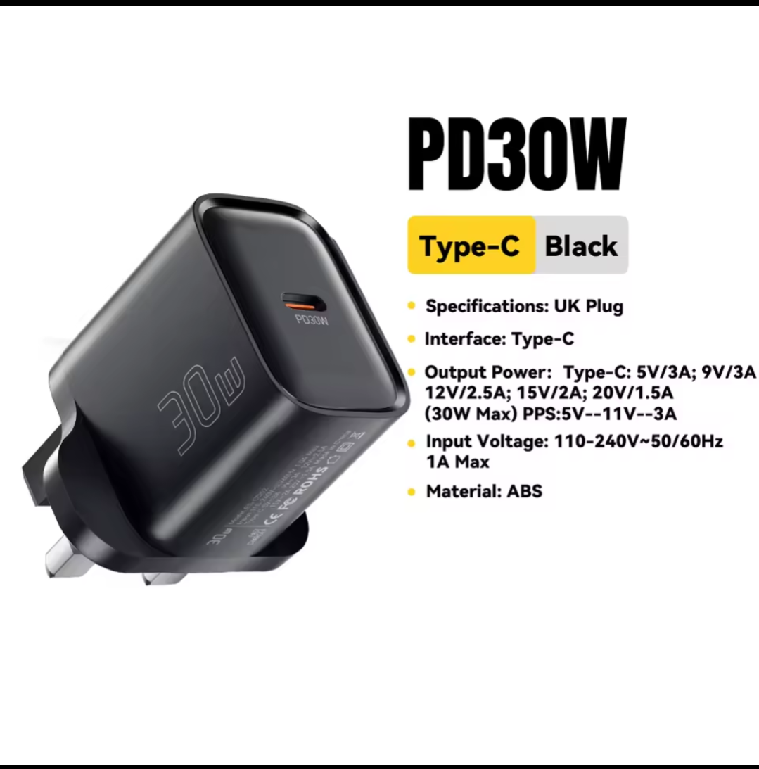 ESSAGER Mini 30W Type C Charger PD QC3.0 Fast Type C Charger Travel Adapter, Black.