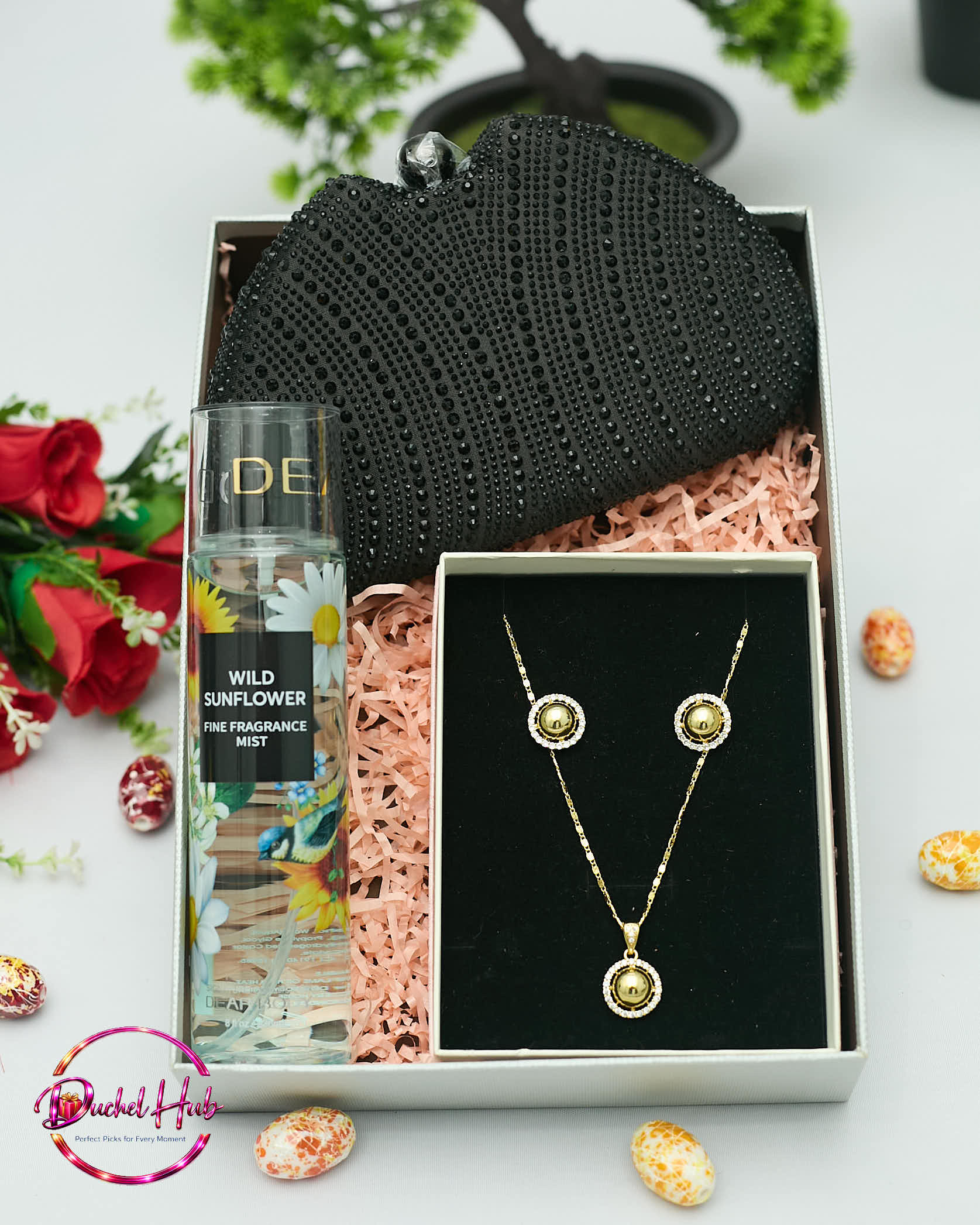Elegant Women’s Evening Gift Set: Clutch, Fragrance &amp; Jewelry