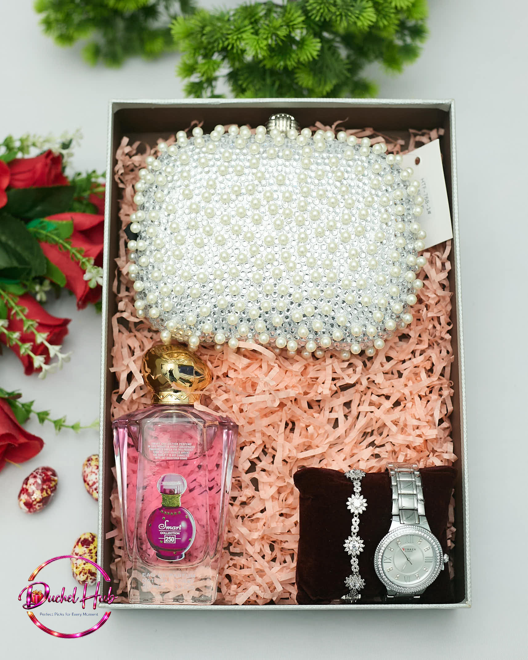 Elegant Women’s Gift Set: Pearl Clutch, Watch &amp; Fragrance