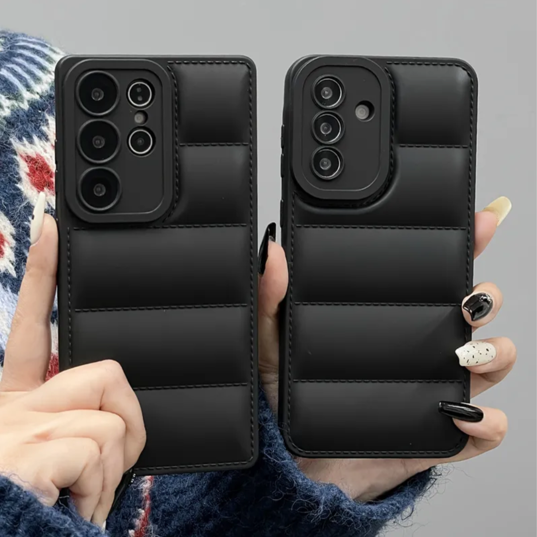 New Trendy Fashion Airbag Down Jacket Anti-Drop Phone Case for Samsung Galaxy S25 Ultra, S24 Ultra, S24, S23 Ultra, A55, Black.
