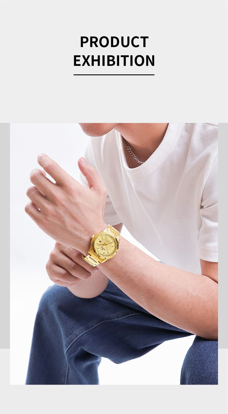 Naviforce 2024 Top Brand Mens Watch Stainless Steel Strap Casual Male Quartz Sports Wrist Watch Luxury Waterproof Date Clock, NF8020. Gold.