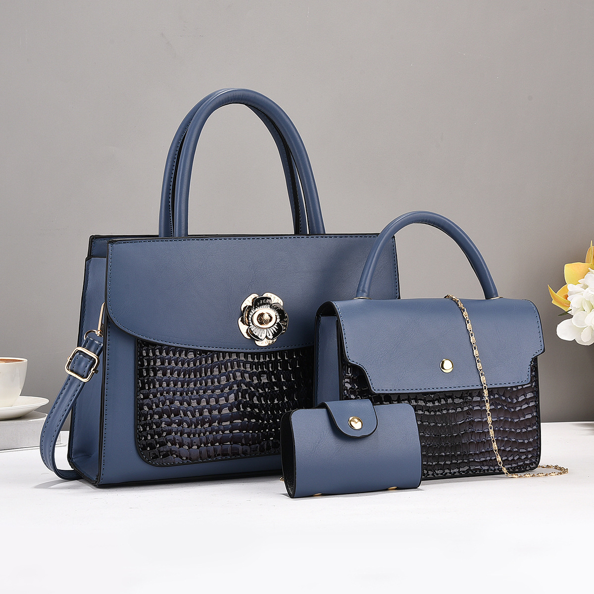 3-PC Blue Croc Embossed Faux Leather Handbag Set