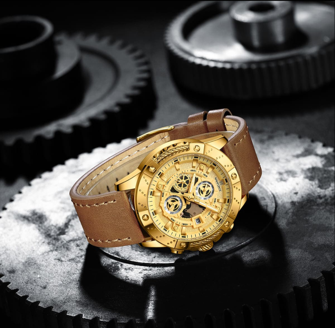 Naviforce Luxurious Wrist Watch For Men High Quality Multifunction Chronograph Leather Business Sports Wrist watch, NF8055. Gold and Brown.