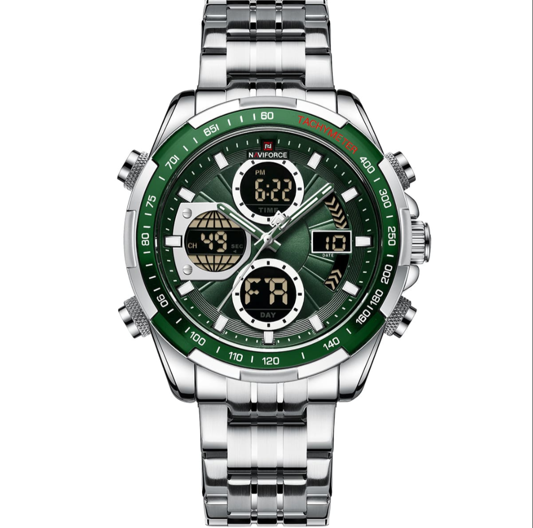 Naviforce Luxurious Men Analog Digital Chronograph Stainless Steel Quartz Wrist Watch -NF9197, NF9197. Silver and Green.