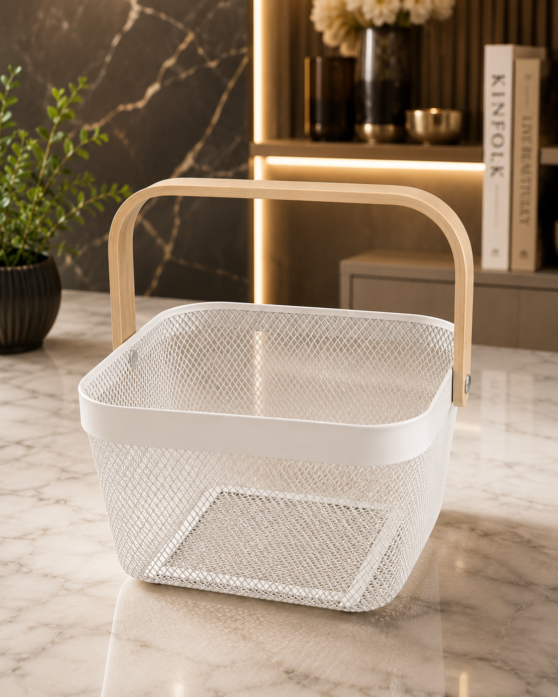 White Metal Mesh Storage Basket with Wood Handle