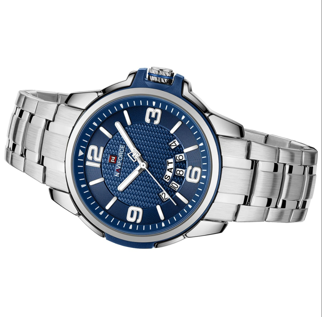 Naviforce Luxurious Casual Men's Quartz Watch Stainless Steel Business Wrist watch Waterproof Luminous Clock Relogio, NF9215S. Silver and Blue.