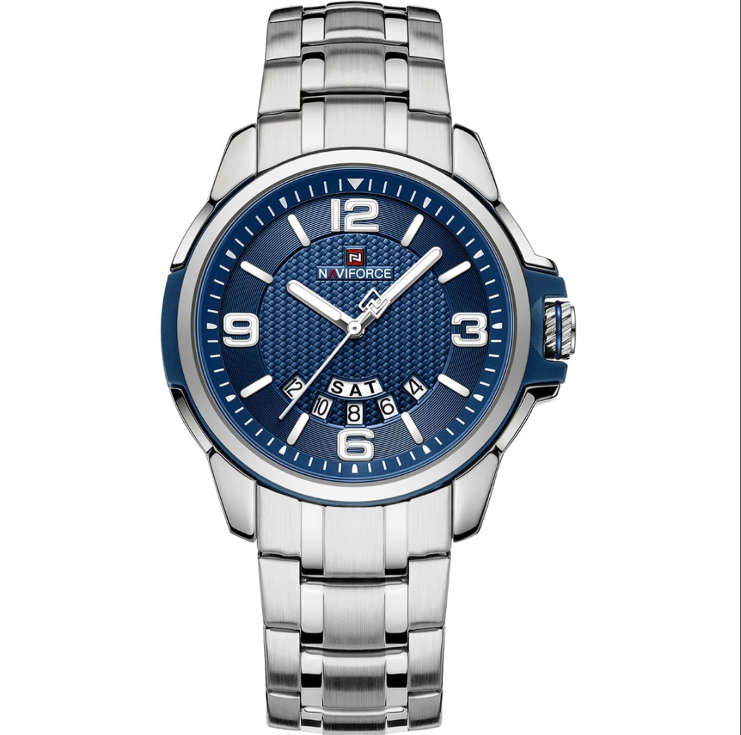 Naviforce Luxurious Casual Men's Quartz Watch Stainless Steel Business Wrist watch Waterproof Luminous Clock Relogio, NF9215S. Silver and Blue.