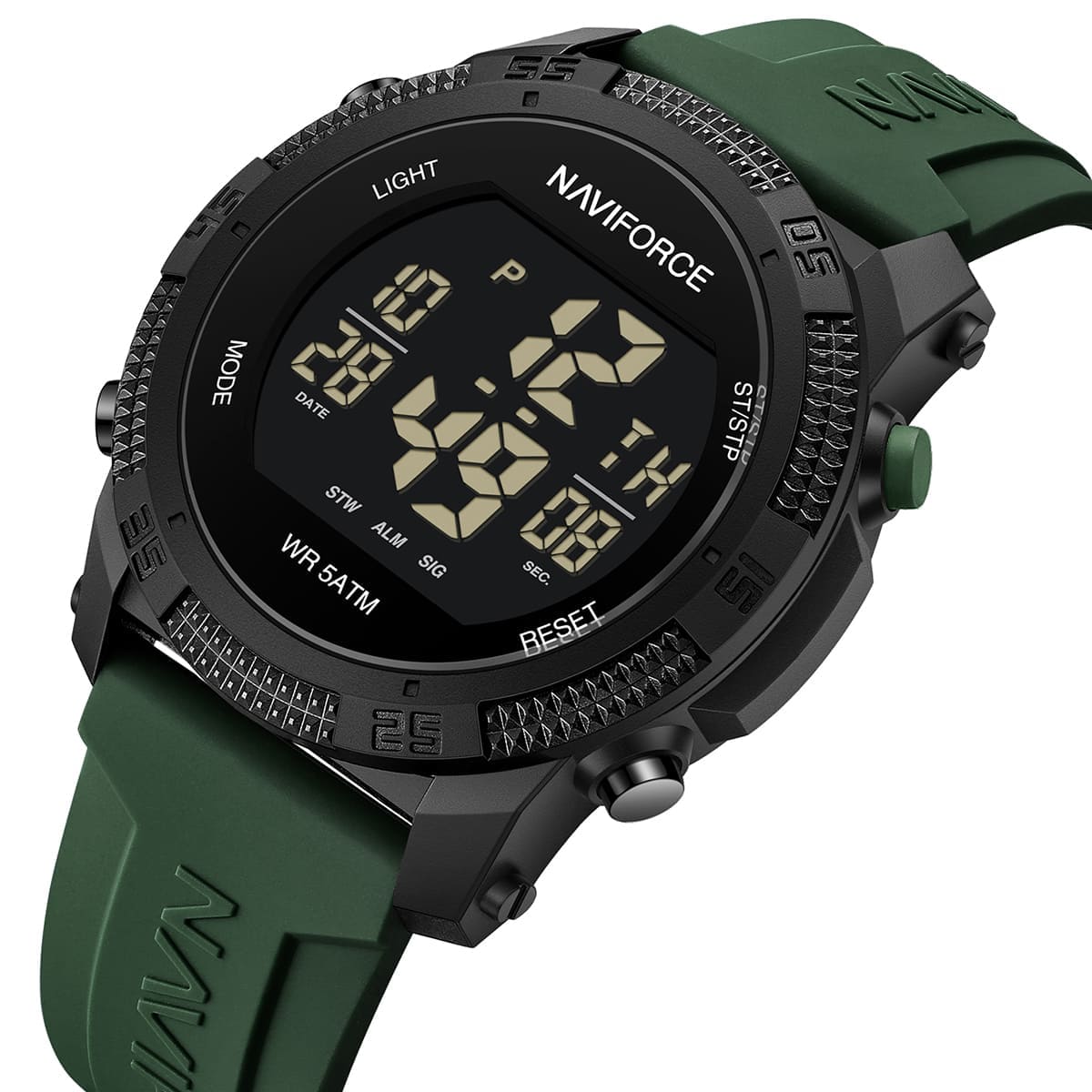 Naviforce Digital Display Sports Silicon Strap Quartz Wrist Watch, NF7104. Black and Green.