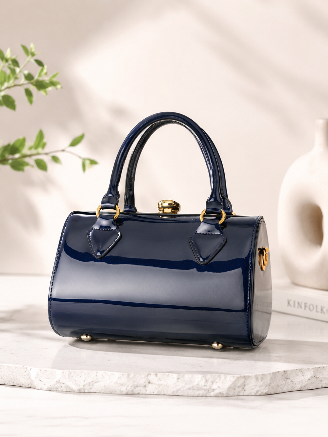 Wanda Midnight Blue Patent Shine Top Handle Bag
