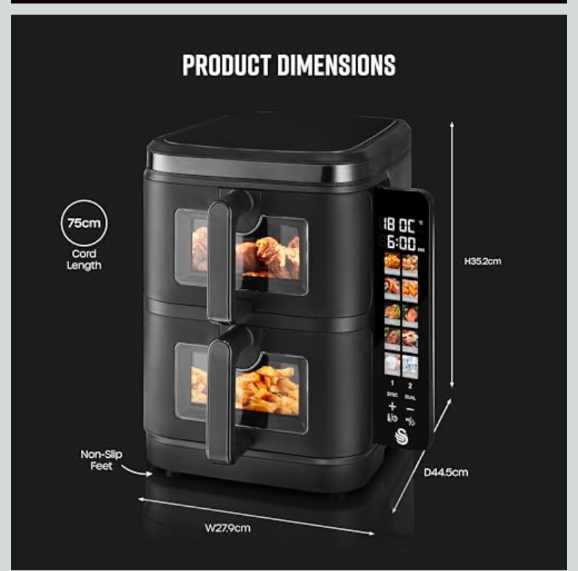 Swan 11l Twin Stack Air Fryer, Swan Cyclone Technology