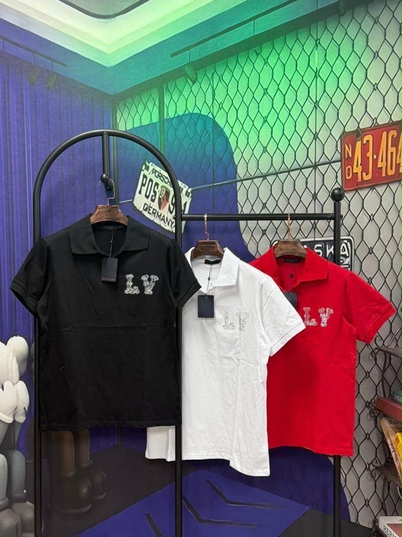 Men's Rhinestone LV Polo Shirt - Black, White, Red