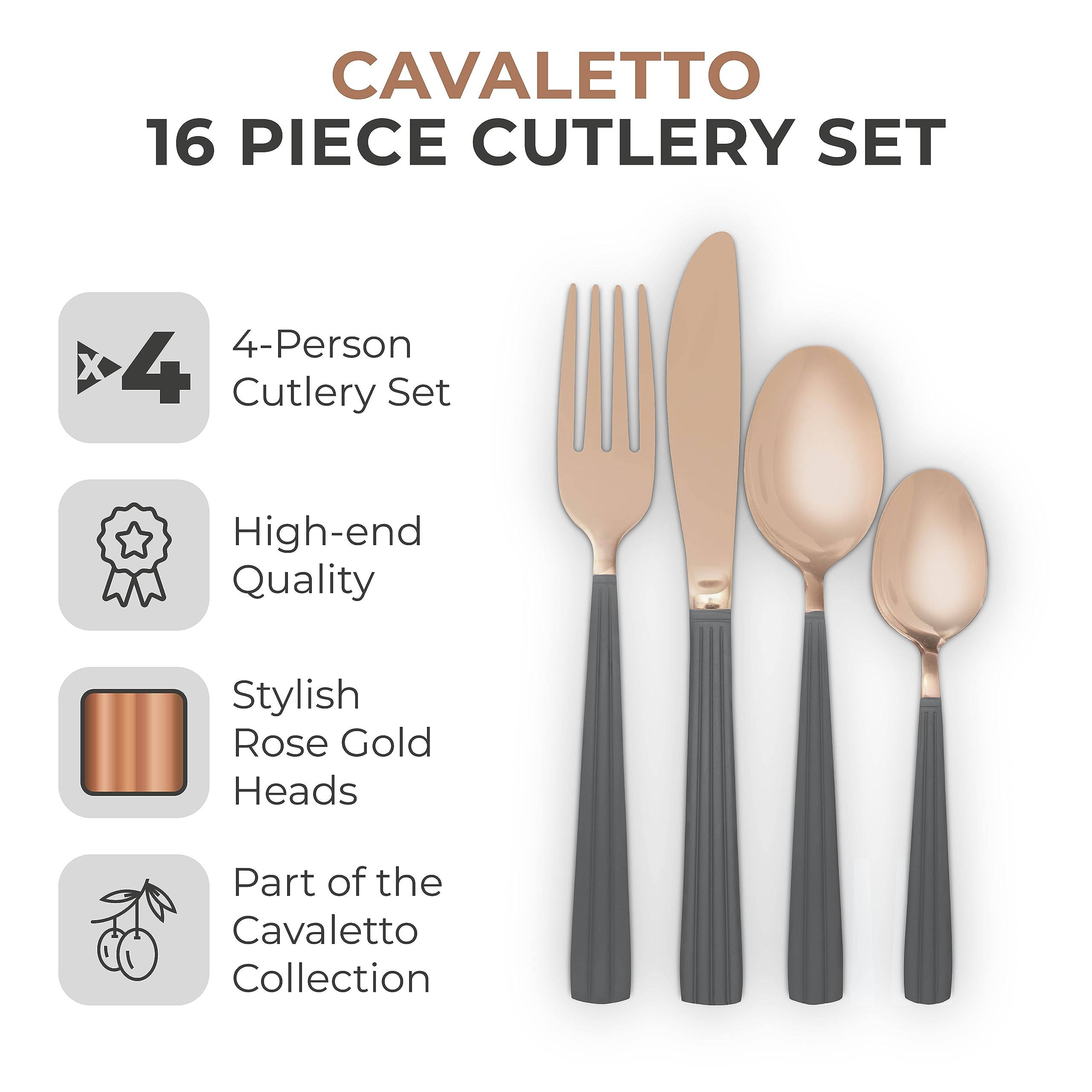 Tower Cavaletto Stainless Steel 16pcs Cutlery Set, Rose Gold