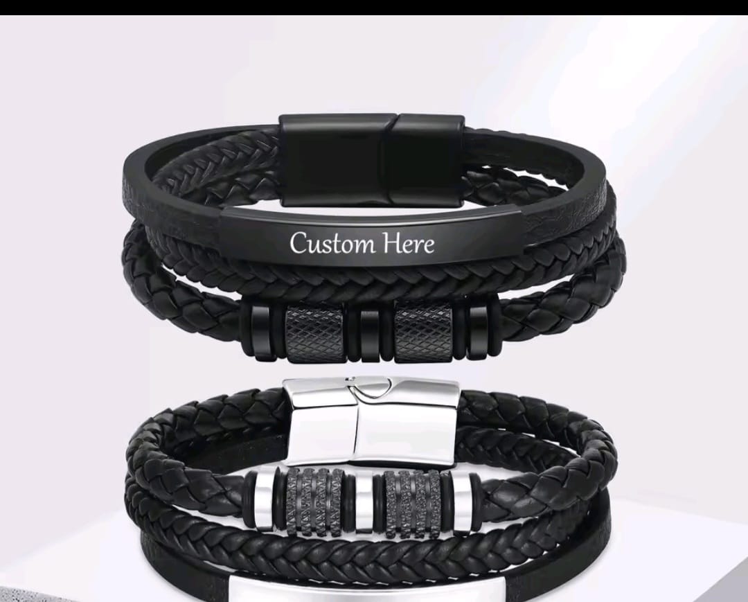 Custom Engraved Leather Braided Bracelet Men's Adjustable