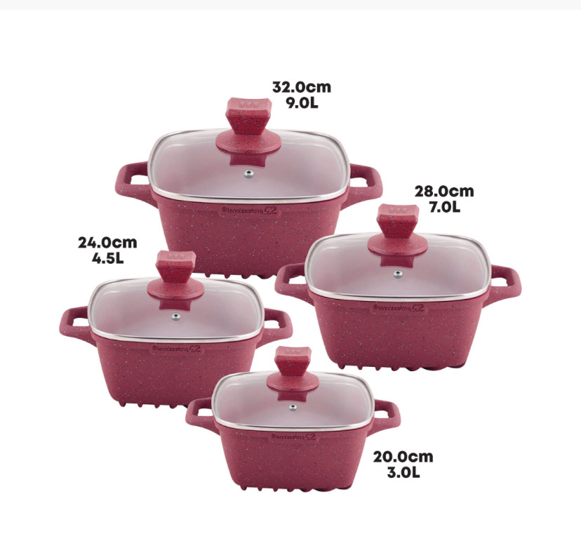 Nea Marbell Square Stockpot Set 4pc Rossa Red Vortex Base