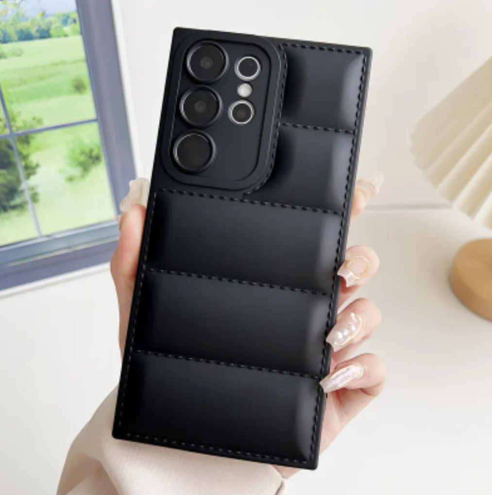 New Trendy Fashion Airbag Down Jacket Anti-Drop Phone Case for Samsung Galaxy S25 Ultra, S24 Ultra, S24, S23 Ultra, A55, Black.