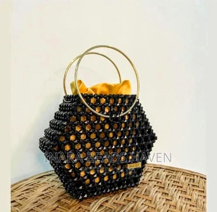 Handmade Geometric Beaded Tote Bag with Gold Handles