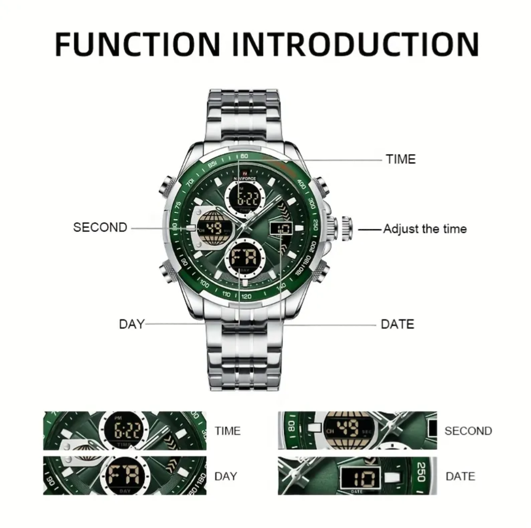 Naviforce Luxurious Men Analog Digital Chronograph Stainless Steel Quartz Wrist Watch -NF9197, NF9197. Silver and Green.