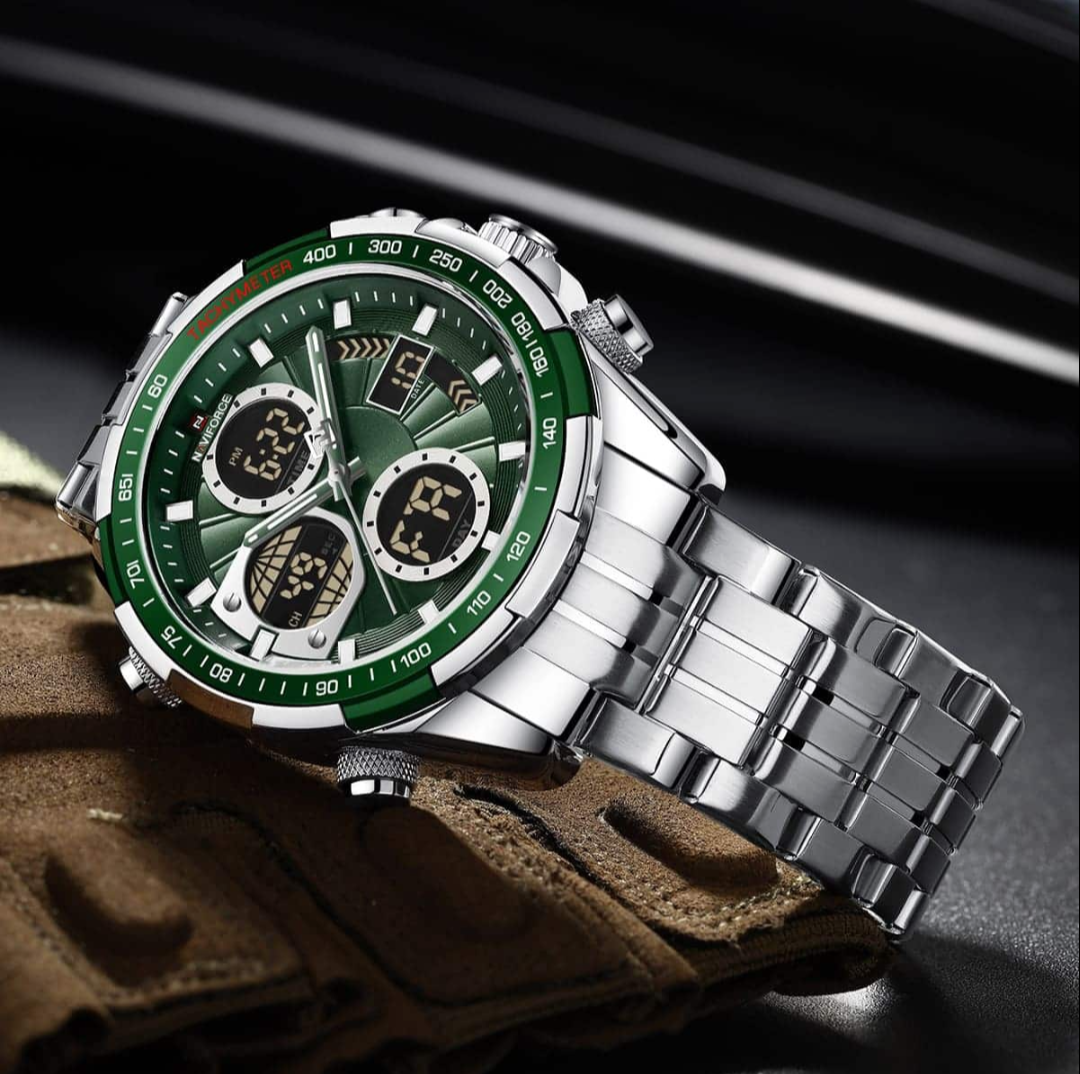 Naviforce Luxurious Men Analog Digital Chronograph Stainless Steel Quartz Wrist Watch -NF9197, NF9197. Silver and Green.
